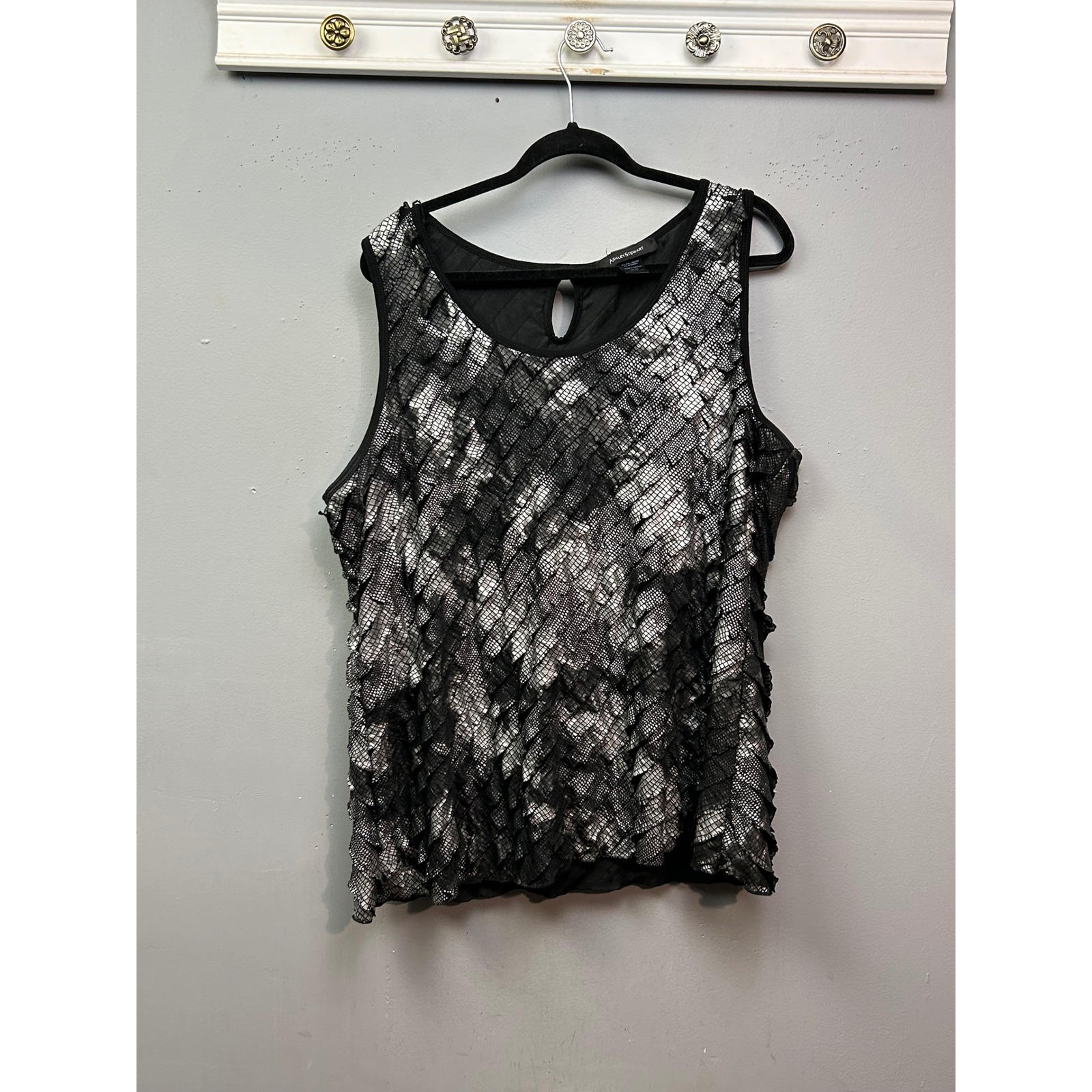 Ashley Stewart Womens Plus Tank Top Black Silver Sequins Ruffle Womens 22 24